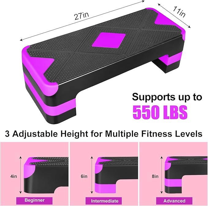 Exercise Workout Aerobic Step Platform Trainer, 27" Aerobic Stepper with 4"-6"-8" Adjustable Height Risers (Purple)