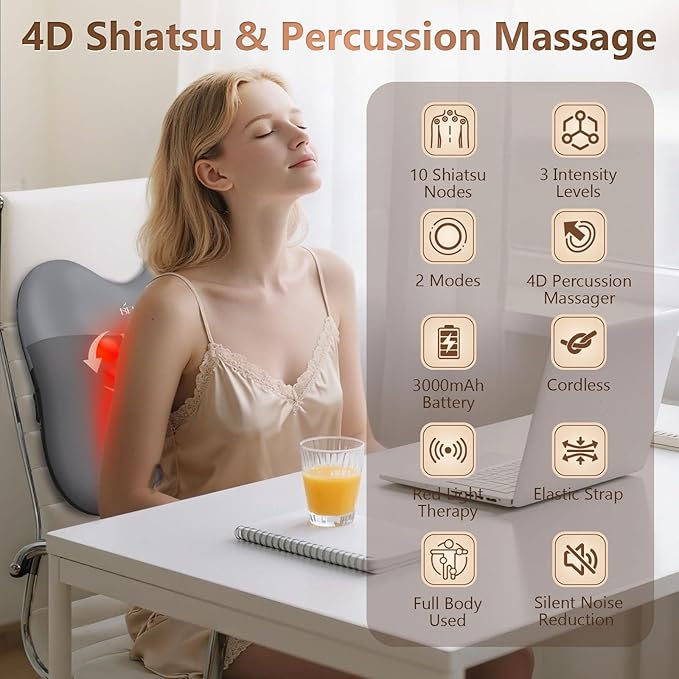 belhope Back Massager with Heat, Cordless Back Massage for Pain Relief Deep Tissue, 4D Shiatsu and Percussion Massage, Lower Back Massager for Office Chair, Mother's Day Gifts for Women Men, Grey