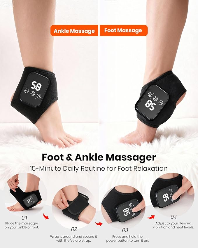 Foot Renew Massager for Neuropathy, 3-in-1 Cordless & Portable Foot and Ankle Massager for Heel, Arch & Ankle Relief, 3-Level Vibration & Heat, Ideal Gift, Includes Extension Strap (Black 2pcs)