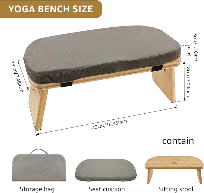 Folding Meditation Bench, Bamboo Kneeling Stool with Cushion, Portable Meditation Chair, Yoga Stool, Yoga Bench, Zen Practice, Comfortable Kneeling Chair, 16.9x7.5x7.1in (Grey)