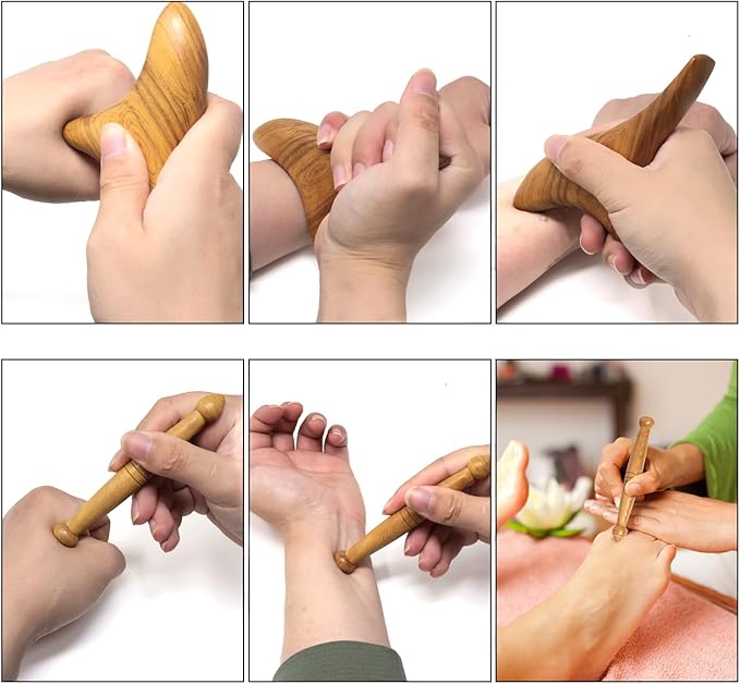 Honbay 2PCS Reflexology Tools Wood Body Massager Triangle Gua Sha Board Scraping Board Foot Massage Stick Tool Head Neck Hand Waist Calf Leg Foot Massager (Camphor Wood)