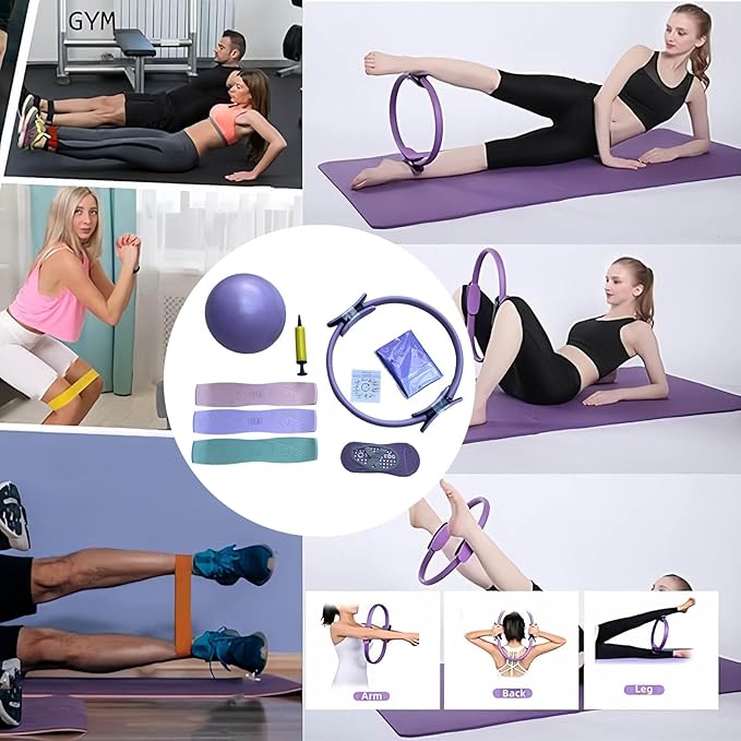 Pilates Ring Set for Home Workouts Women, Pilates Kit with Resistance Bands Magic Circle Accessories, Exercise Ball 9.8”, Portable Fitness Equipment for Home, Gym, Office Workouts