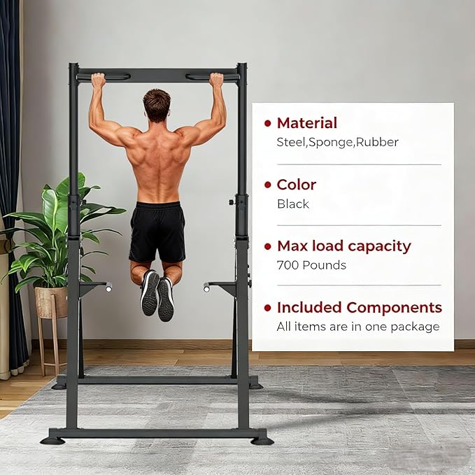 Folding Power Tower Dip Station Pull Up Bar, Multifunctional Pull Up Tower Adjustable Height, Triangular Structure Strength Training Workout Equipment for Home Gym Fitness
