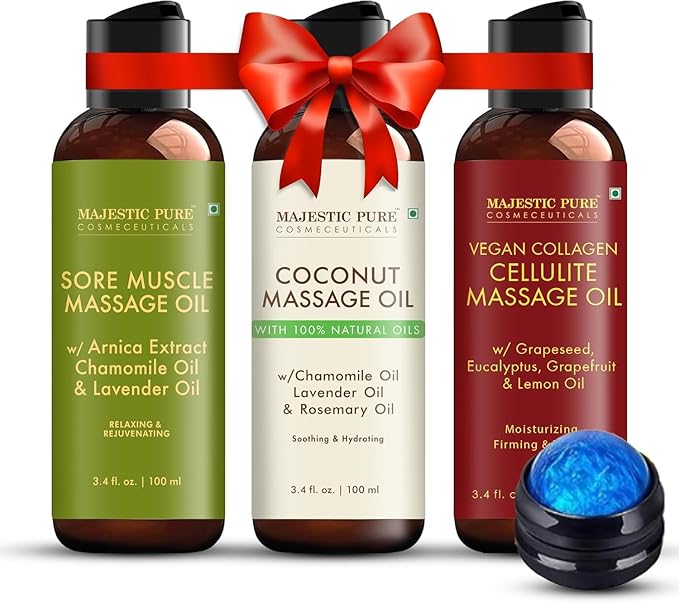 MAJESTIC PURE Massage Oil for Massage Therapy - Refreshing, and Relaxing - Natural Oils - for All Skin Types - Men and Women Massage Lotion (3.4 Fl Oz (Pack of 3), Massage Oil Set)