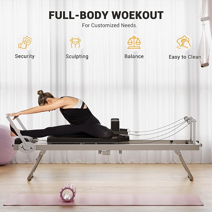 Foldable Pilates Reformer for Home Use, Adjustable Pilates Machine with 5 Resistance Springs, Compact Design for Small Spaces, Supports 350 LBS, Ideal for Beginners & Intermediate Users, Black
