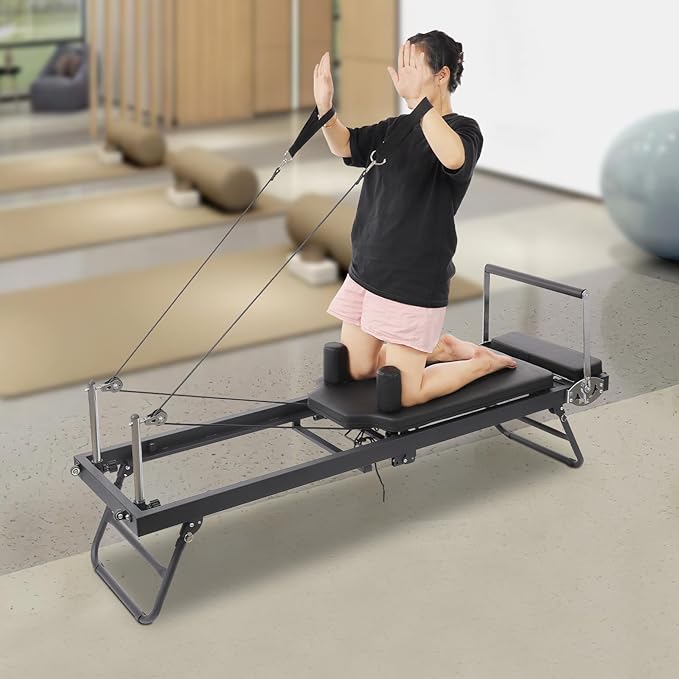 Foldable Pilates Reformer, 264.55Lbs Pilates Reformer Adjustable Pilates Machine with 3 Height Adjustment Gears & 2 Spring Tension Gears for Home Use and Gym Workout 77.56x22.44x28.54In