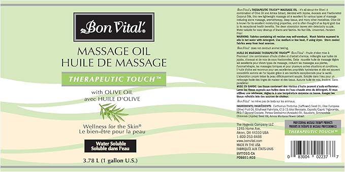 Bon Vital' Therapeutic Touch Massage Oil, 1-Gallon Bottle, Unscented Massage Oil for Massage Therapy With Olive Oil, Lightweight Non-Greasy Formula, Professional-Grade for Dry Skin and Sore Muscles