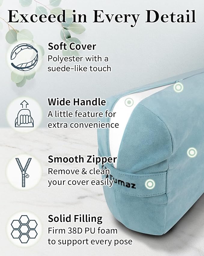Tumaz Yoga Bolster Set - Rectangular Bolster Pillow for Restorative Yoga, Soft Meditation Pillow with Carry Handle and 8-Feet Strap, Machine Washable Cover