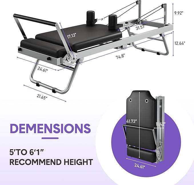 Foldable Pilates Reformer, Space-Saving Pilates Machine for Home Workout, 5 Springs Full-Body Workout, Portable Pilates Equipment for Beginners and Intermediate Users