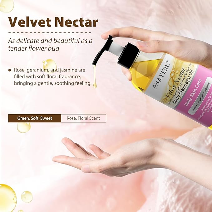 PHATOIL Rose Body Oil, Velvet Nectar Body Massage Oil 260 ml (8.8 fl.oz), Blends of Natural Plant Oils & Essential Oils for Massage and Skin Care, Body Oils for Women and Men
