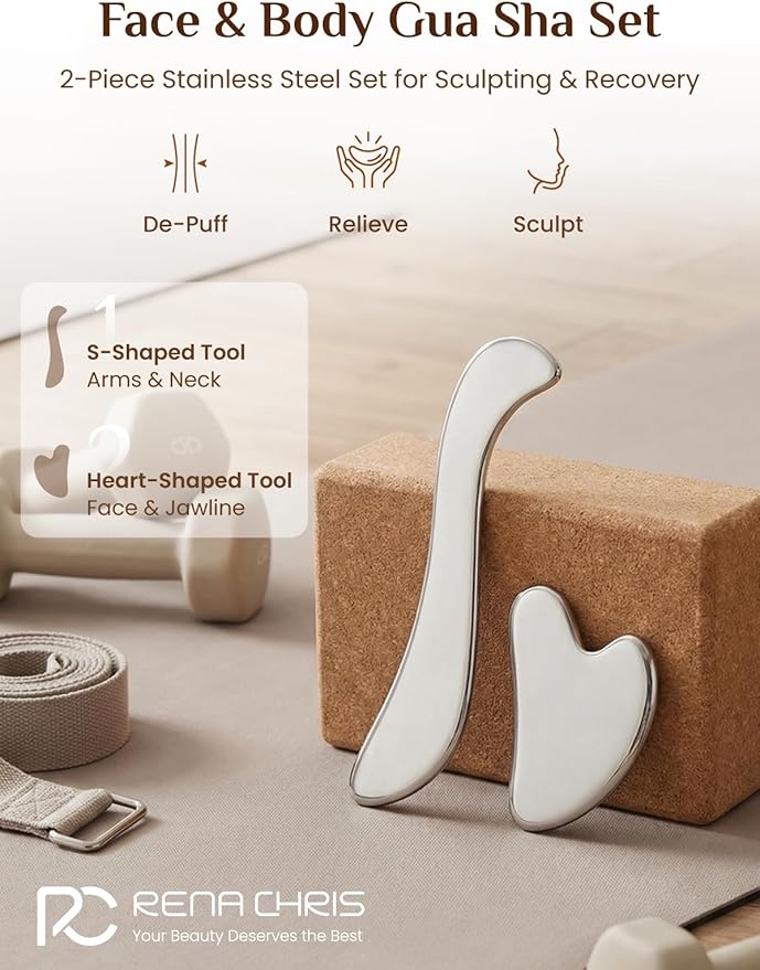 Rena Chris Gua Sha & Muscle Scraper Tool, Stainless Steel Face & Body Gua Sha Set for Lymphatic Drainage & Deep Tissue Massage, Travel Pouch & Guide Included (2-Piece Kit)