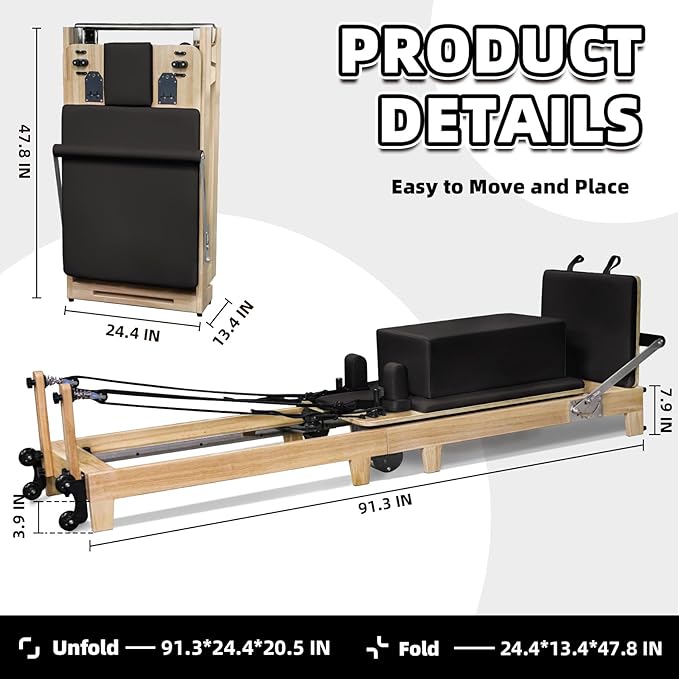 Foldable Pilates Reformer & Equipment for Home use One-Piece Rubber Wood Foldable Reformer Pilates Machine, Pilates Bed for Studio Home Gym Yoga Workout Mute Pilates Chair( Black)