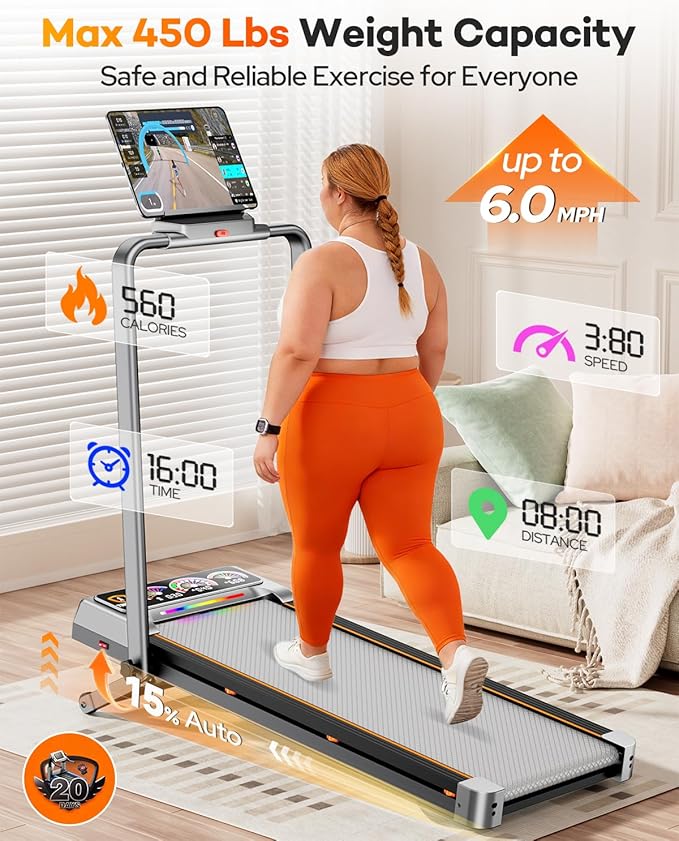Walking Pad with 15% 12-Level Auto Incline & Handle Bar, Trisomy 3.5HP Foldable Under Desk Treadmill, 450 LBS Capacity Treadmills for Home Hiking with UI Screen, Bluetooth Speaker, Remote, RGB Light