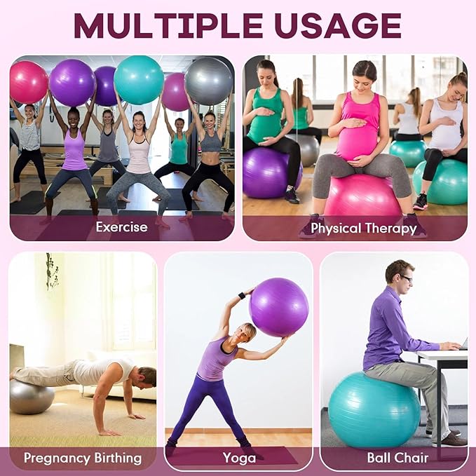 Leyndo 4 Pcs 26 Inch Yoga Exercise Ball Pilates Pregnancy Birthing Fitness Ball with Quick Pump Anti Burst for Improved Posture, Balance, Yoga, Pilates, Training