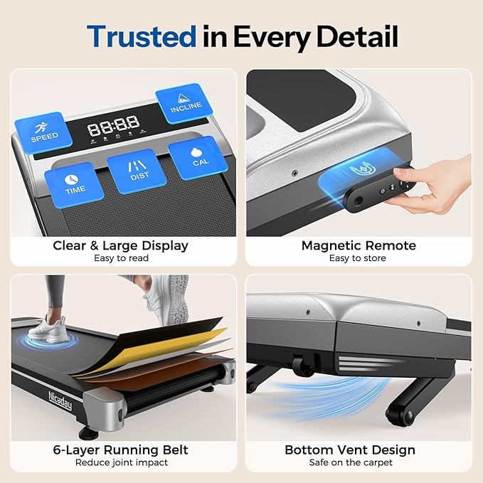 Niceday Walking Pad Treadmill with 10% Auto Incline, 400lbs Capacity, Under Desk Treadmill for Home Office, 16.5" Widened Running Belt, 3HP Super Quiet Brushless, Magnetic Remote & Preset Goals