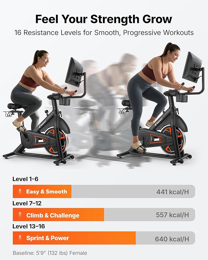 Merach Magnetic Exercise Bike, Low Noise Stationary Bike for Home with Comfortable Seat Cushion, Spinning Bike with 330 lb Weight Capacity, Exclusive App, Tablet Mount and Fitness Courses