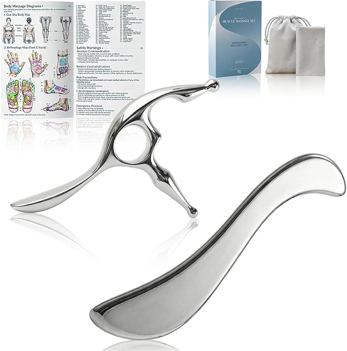 Rena Chris Muscle Scraper & Trigger Point Massage Tool Set, Stainless Steel Body Gua Sha Tool for Deep Tissue Pain Relief & Fascia Release, with Travel Pouch & Guide (2-Piece Kit)