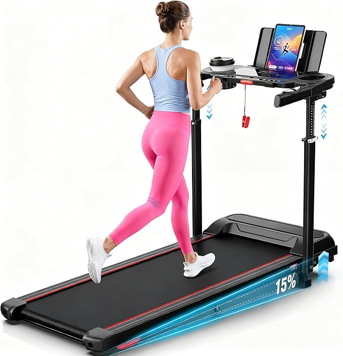 Treadmill with Desk Workstation & Adjustable Height, 450 lbs Weight Capacity, Folding Incline Treadmill with Handle Bar, Portable Ultra-Quiet 3.5HP Walking Pad Treadmill with Desktop for Home Office
