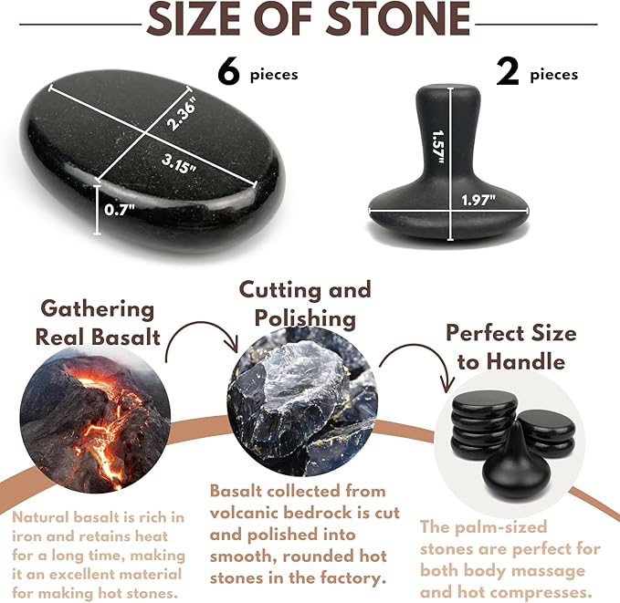 Hot Stones Massage Set - 8 Pcs Massage Stones Set Hot Rocks Oval and Mushroom Shaped Basalt Stone Kit for Home Spa Relaxing and Pain Relief