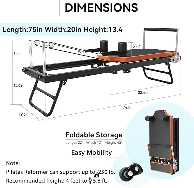 Pilates Reformer,Foldable Pilates Machine for Home Use and Gym Workout,Suitable for Advanced and Beginners Users ,Pilates Equipment with 4 Springs&5 Resistance Cords