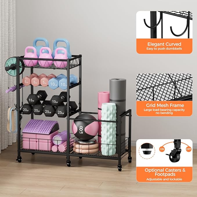 HavenlyYouth Dumbbell Rack, Home Gym Weight Rack Storage, Adjustable Dumbbell Stand Organizer with Wheels, Holds Dumbbells, Kettlebells, Yoga Mats