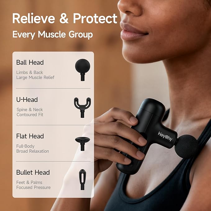 Super Mini Massage Gun Deep Tissue, Handheld Muscle Massager with 4 Heads, Percussion Travel Size Massager Gun for Back Pain Relief, Quiet for Home, Gym, Office, Perfect for Men & Women, Black