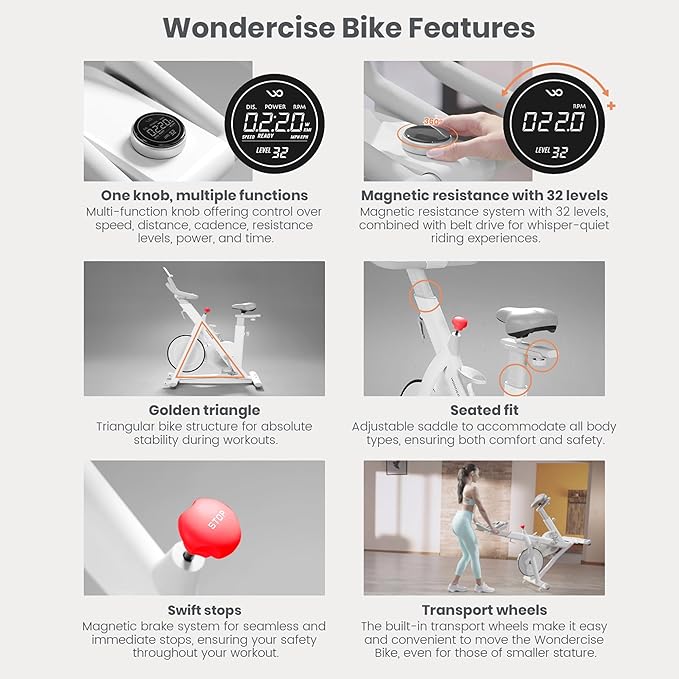 Wonder Core Exercise Bike, Wondercise Bike - 32-Level Magnetic Resistance Stationary Bike for Home Gym, Indoor Cycling with 13.2lbs Flywheel, Exclusive App, Tablet Holder, Adjustable Seat/Handlebars