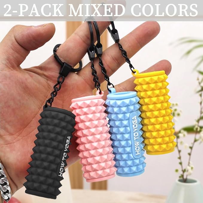 Tizee Mini Yoga Foam Roller Keychain - Spiky Fitness Accessory,with Clasp,Gym and Office Use, 2-Pack Mixed Colors (Pink/Yellow)