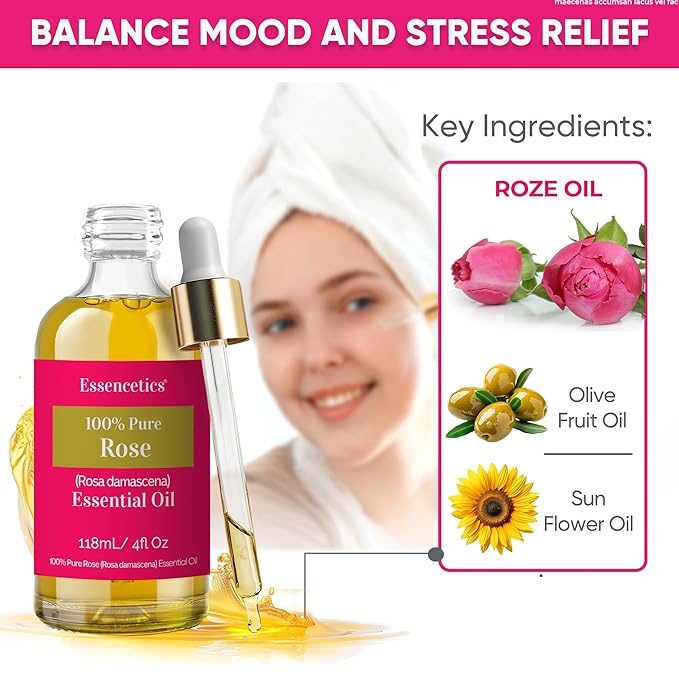 Rose Essential Oil 4 Oz - 100% Natural - Infused with Olive & Sunflower Oils - Organic Rose Oil for Skin, Soap Making, Candle Making, Diffuser, & Aromatherapy