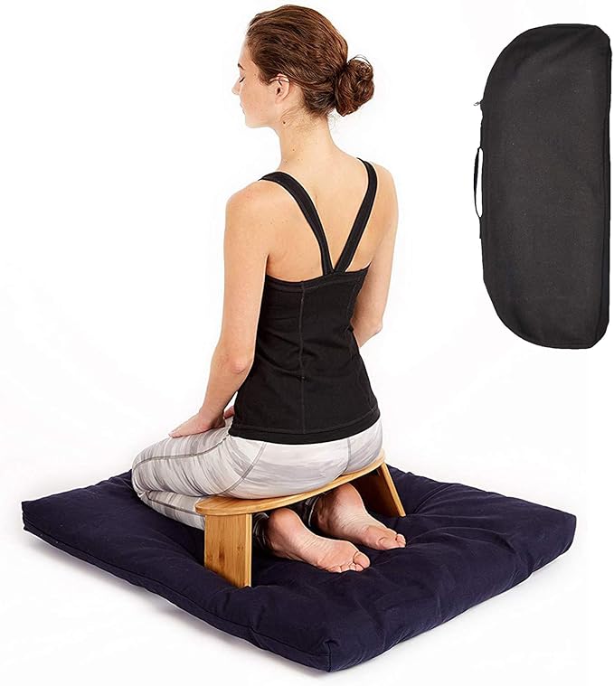 Bamboo Kneeling Meditation Bench, Locking Magnetic Hinges & Free Black Canvas Carry Bag, Folding Portable Design for Outdoor use & Travel