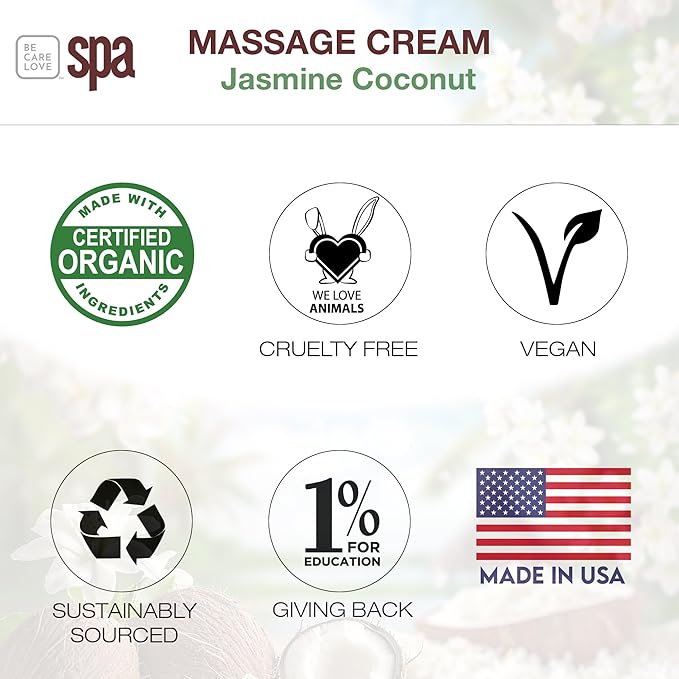 BCL SPA Massage Cream organic Jasmine + Coconut body lotion with rice extract, shea butter, aloe vera, argan and jojoba oils, body cream to hydrate, soften and soothe the skin. Home/Pro use 16 fl oz