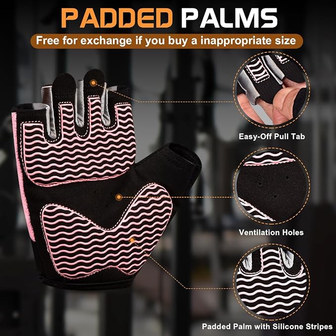 Workout Gloves for Women - Breathable Weight Lifting Gloves with Non-Slip Silicone Padding, Fingerless Gym Gloves for Cycling, Rowing, Pull Ups & Training (4 Sizes)