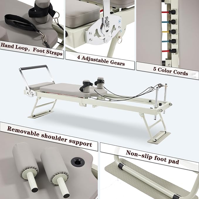 Pilates Reformer Machine，Grey Foldable Pilates Reformer Equipment Home Indoor Workout Machine，for Home Gym Cardio Fitness Personal Indoor Sport Apparatus