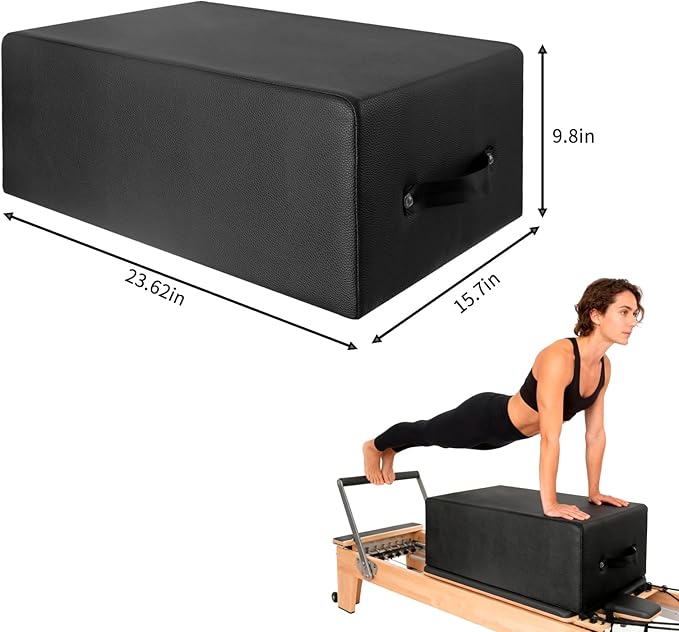 Pilates Sitting Box for Pilates Reformer: Pilates Box Leather Cover Foam Padding Wood Frame, Pilates Reformer Sit Box with Pilates Exercises for Gym Home