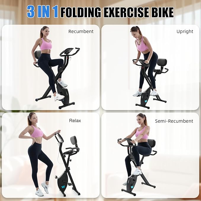 BARWING Stationary Exercise Bike for Home Workout, 5 IN 1 Foldable Indoor Cycling Bike for Seniors, 350LB Capacity, 16-Level Magnetic Resistance, Seat Backrest Adjustments