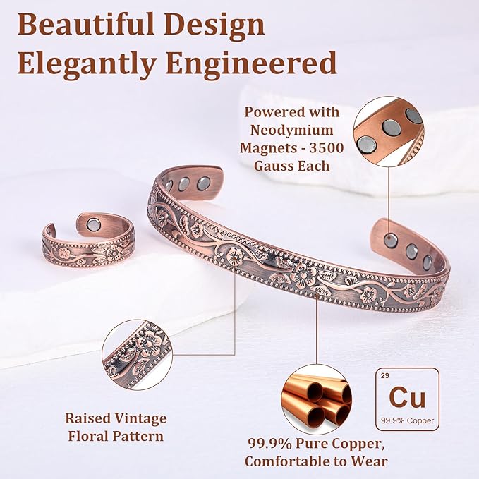 BioMag Copper Bracelet & Ring for Women, 99.99% Pure Copper Magnetic Bracelet Lymphatic Drainage Rings with 3500 Gauss Magnets, Adjustable & Flower Pattern