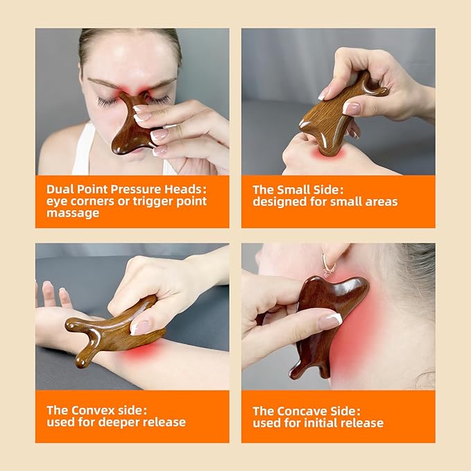 NHO 2-in-1 Sandalwood Gua Sha Tool Fascia Scraper & Lymphatic Drainage for Face, Neck, Jaw, Shoulder, Deep Tissue Muscle Relaxer, Myofascial Trigger Point Scraper for Full Body Massage