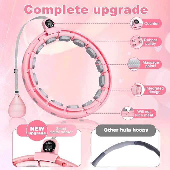 Smart Silent Weighted Fitness Hoop with Counter, Adjustable 30"-50" Infinite Exercise Hoop - A Spinning Hoop for Waist & Adult Weight Loss, Includes Tape Measure & Backpack for Women & Beginners