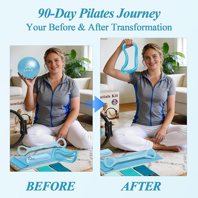 Pilates Ring and Small Ball Set for Women with 5 Resistance Bands, 14 inch Magic Circle Home Workout Essentials Starter Kit for Beginners, Yoga Sets for Full Body Toning Shape