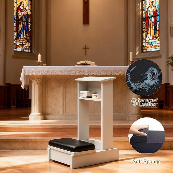Church Prayer Bench Kneeler Wooden Prayer Kneeler with Book Shelf Prayer Table at Home with Cushion Pad Meditation Stool 20x16.5x33In Kneeling Stool for Religious Gifts(Wood)