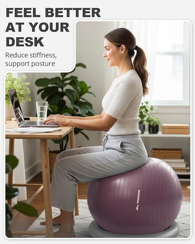 Trideer Exercise Ball for Office Desk, Yoga Ball Chair to Relieve Back Pain, Stability & Fitness Ball Seat with Base, Home Gym Core Workout, Abs, Stretching & Therapy