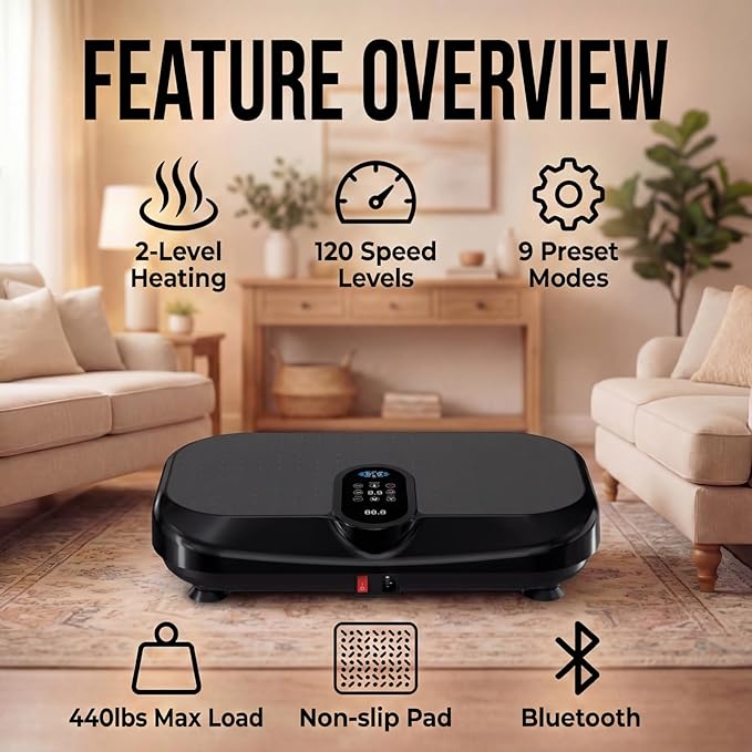 Vibration Plate Exercise Machine for Lymphatic Drainage & Weight Loss, Heated Vibrating Platform Full Body Workout Equipment, 440lb Capacity Home Gym Shaker Board with Bluetooth & Resistance Bands