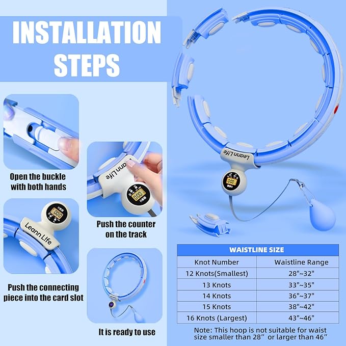 U5 Smart Weighted Hula Hoop with Counter – 16 Knots, 28"–46" Adjustable Infinity Hoop Plus Size, Quiet Rubberized Wheels, Ab Workout, Home & Outdoor Fitness, Weight Loss, Abdominal Toner