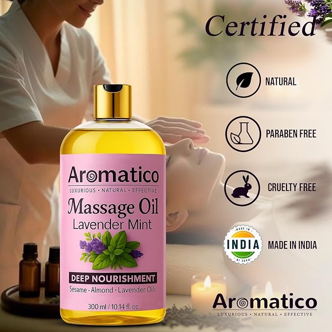 Lavender Mint Massage Oil with Sesame, Almond & Jojoba Oils. Non-Sticky, Safe & Natural Ingredients – 10 Fl Oz