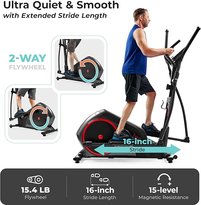 Sunny Health & Fitness Elliptical Machine with Extended Stride, Ultra Quiet 300 lbs Capacity Cross Training Cardio Fully Body Exercise for Home, Sunny Fit App Access, Optional 12" or 16" Stride Length