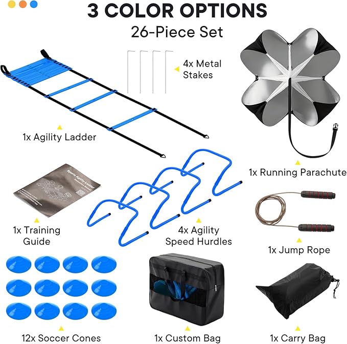 OLIXIS Soccer Agility Training Equipment Set- 20 ft Speed Ladder, 12 Soccer Cones, 4 Agility Hurdles, Jump Rope, Resistance Parachute Speed Training Equipment for Kids, Youth, Adults