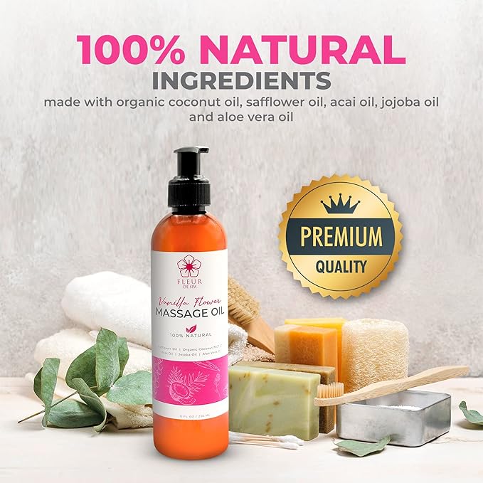 Massage Oil 8oz Pump by FLEUR DE SPA – Luxurious Therapeutic Body Oil – Made in USA – Safflower & Organic Coconut with Acai Berry – Soothes Sore Muscles, Relieves Stiffness, Anti-Cellulite