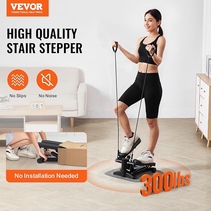 VEVOR Stair Stepper, Mini Stepper for Exercise at Home, Hydraulic Fitness Stepper with Resistance Bands, Full Body Workout Cardio Equipment, Stair Climber