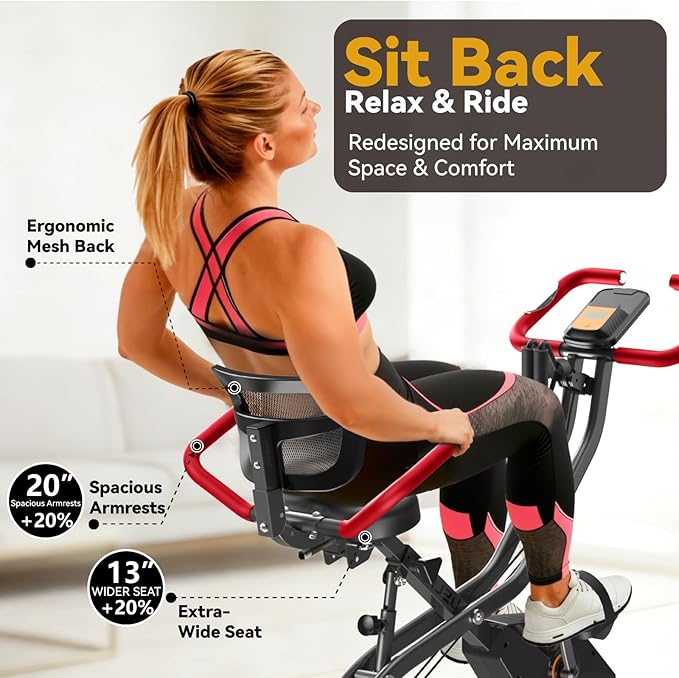 Foldable Exercise Bike for Home, Uright and Recumbent Stationary Bike with Ergonomic Mesh Backrest, Indoor Full Body Quiet Workout Bike, Wide Seat 6.6 Pound Flywheel & 300 LBS Capacity Red