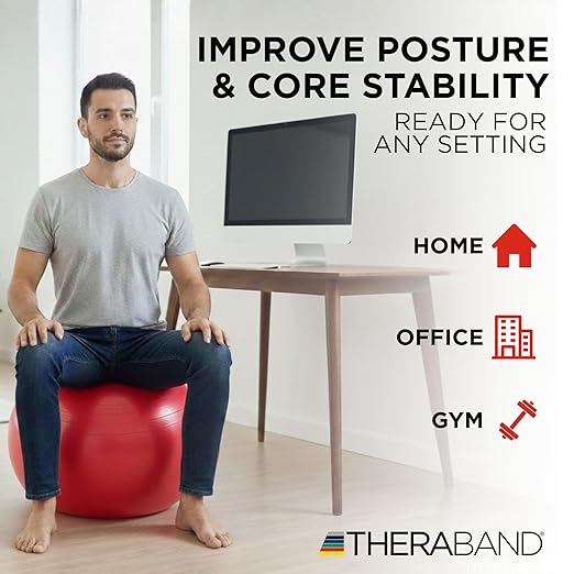 THERABAND Exercise Ball, Stability Ball with 55 cm Diameter for Athletes 5'1" to 5'6" Tall, Standard Fitness Ball for Posture, Balance, Yoga, Pilates, Core, & Rehab, Red